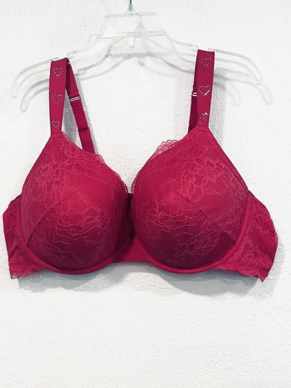 Torrid 46DD Push-Up Plunge Floral Lace Bra Hot Pink Underwire Rhinestone Hearts